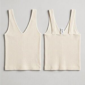 Women's Cream Ribbed V-Neck Top